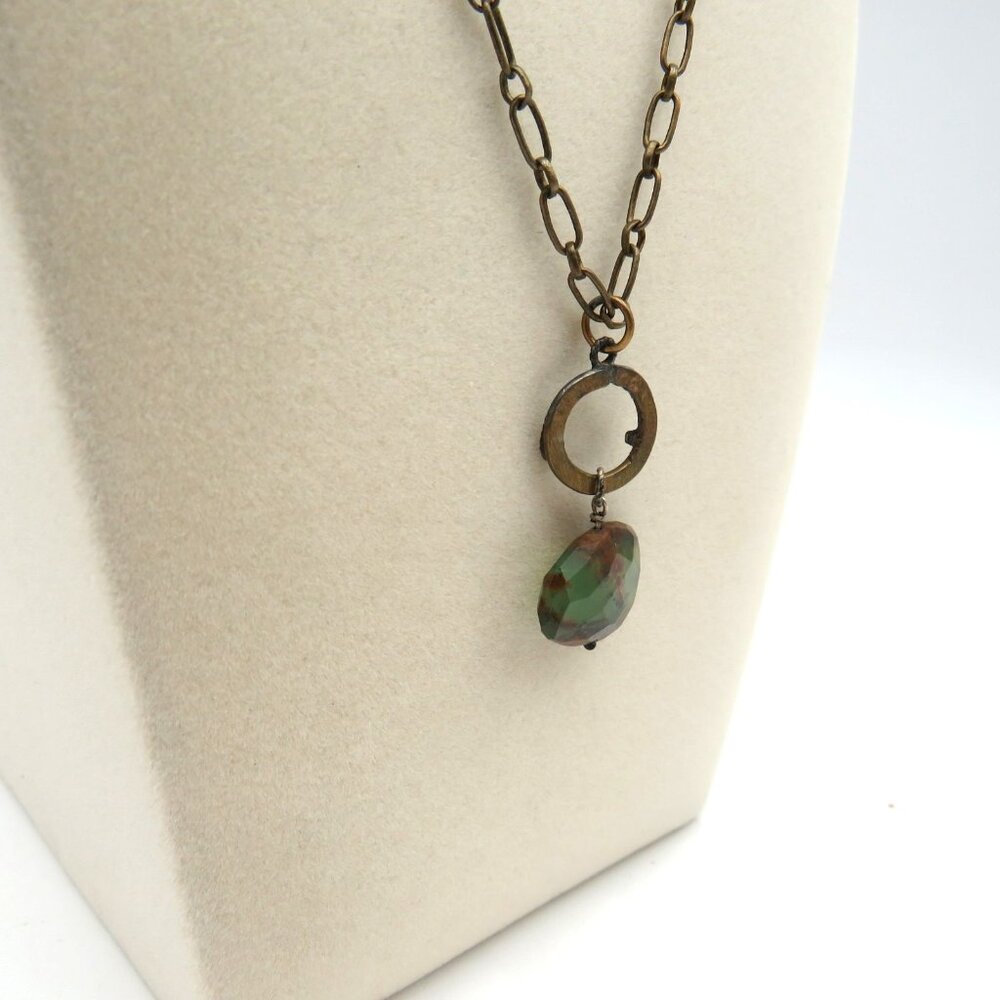 Vintage Handmade Artisan‎ Necklace Jasper Gemstone Brass Chain Dangle Pendant - Picture 4 of 6